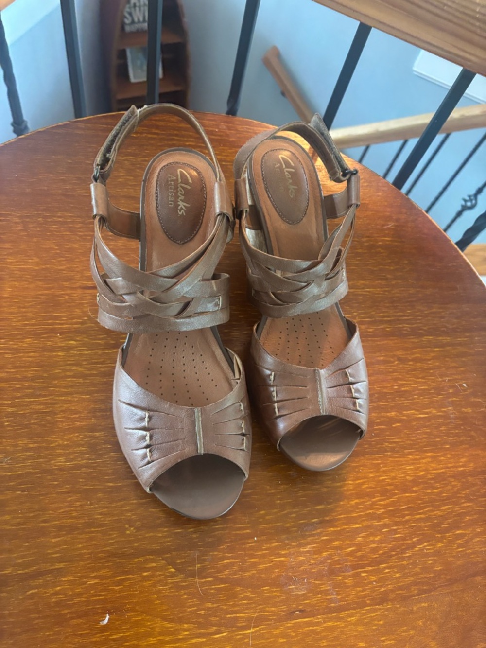 Clarks Brown Leather Strappy Espadrille Wedge Sandals